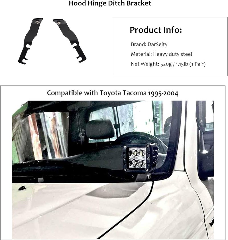 DarSeity Low Profile Mount Hood Hinges Ditch Light Brackets for Tacoma 1995-2004, for Auxiliary Off-Road Lighting - Image 2